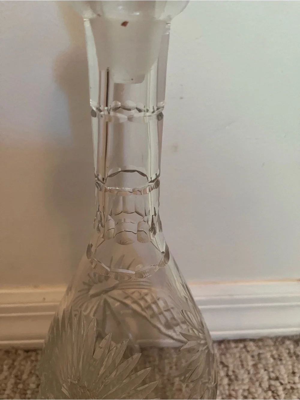 Large 15” Vintage Crystal Cut Glass Decanter Stopper Etched Star Burst Design